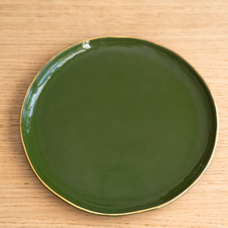 Ethical Trade Co Home Dinner Plate / Green with Gold Rim Handmade Ukrainian Porcelain Plates