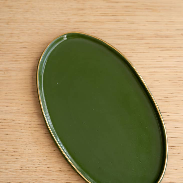 Ethical Trade Co Home Medium / Green / Gold Rim Handmade Ukrainian Porcelain Serving Platter