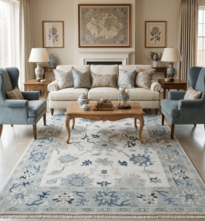 Idris Custom Made Modern Oushak Light Silver And Ivory Wool Area Rug.