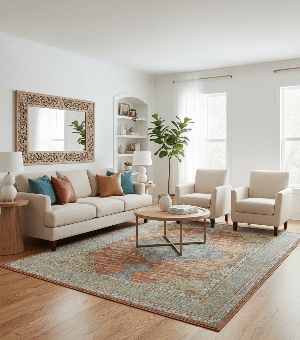 Idris Custom Made Peach, Rust And Beige Turkish Design Hand Knotted Wool Rug.