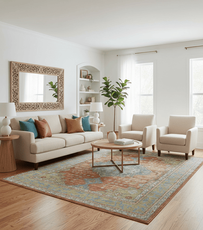 Idris Custom Made Peach, Rust And Beige Turkish Design Hand Knotted Wool Rug.