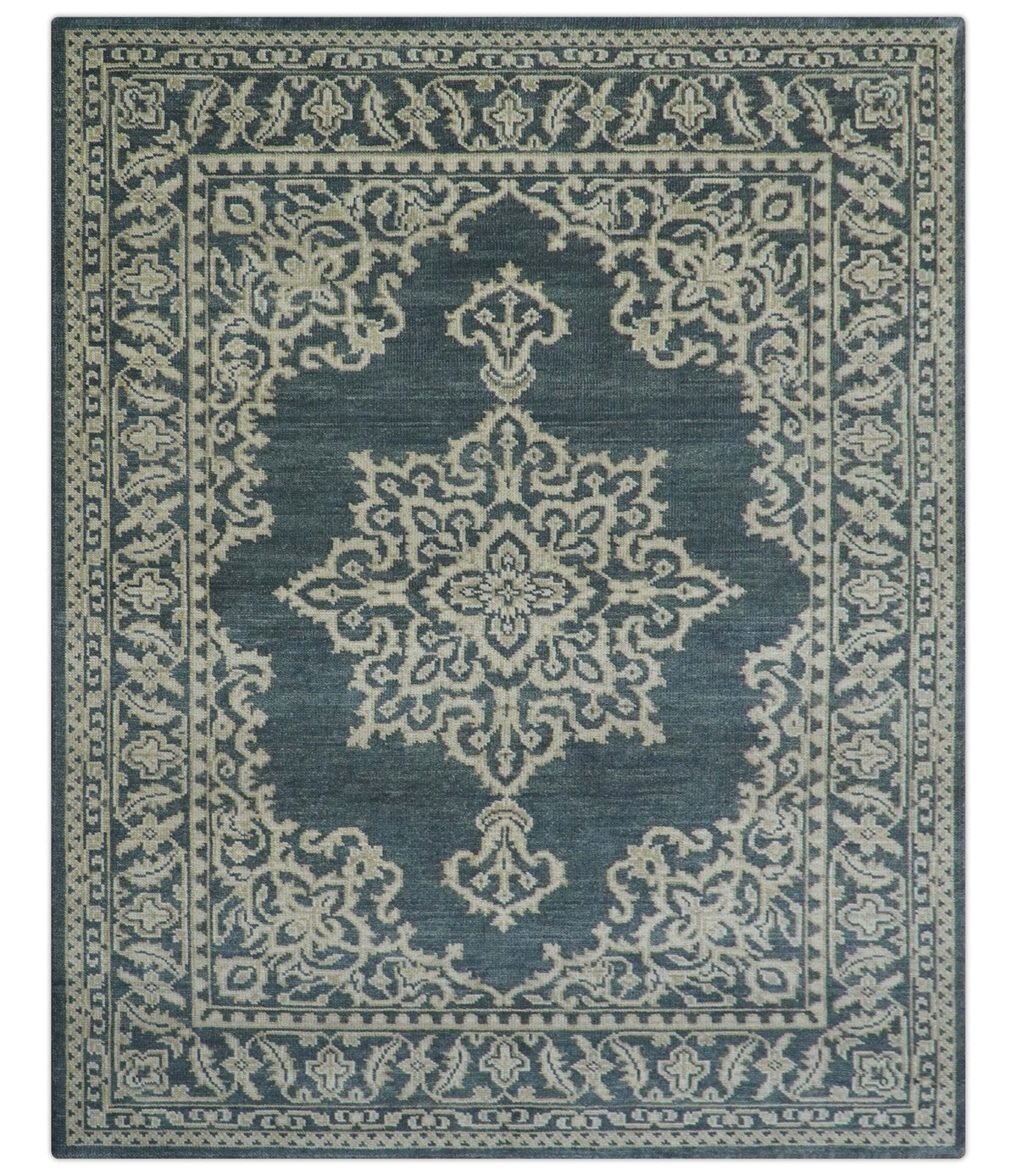 Idris Custom Made Turkish Design Gray And Ivory Hand Knotted Wool Rug.