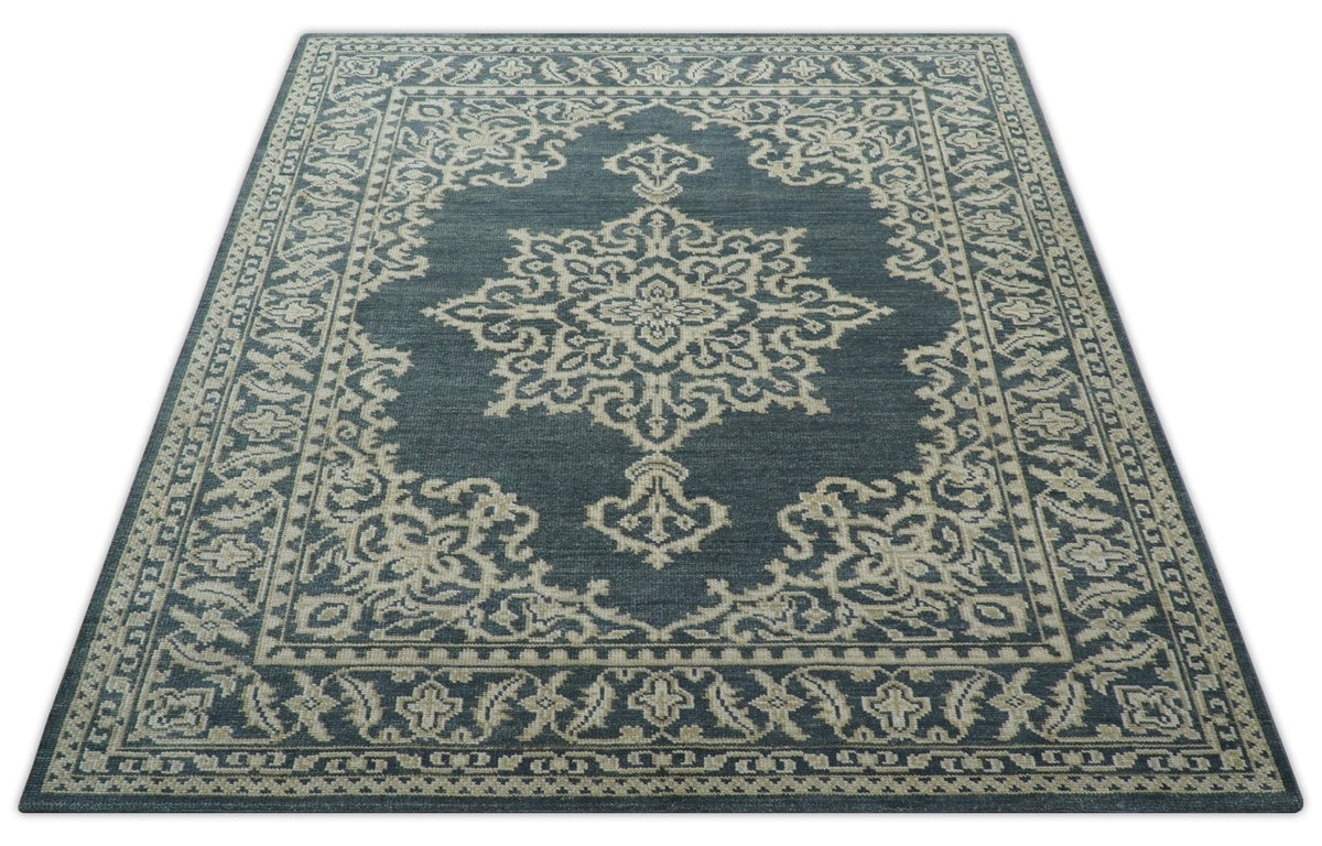 Idris Custom Made Turkish Design Gray And Ivory Hand Knotted Wool Rug.