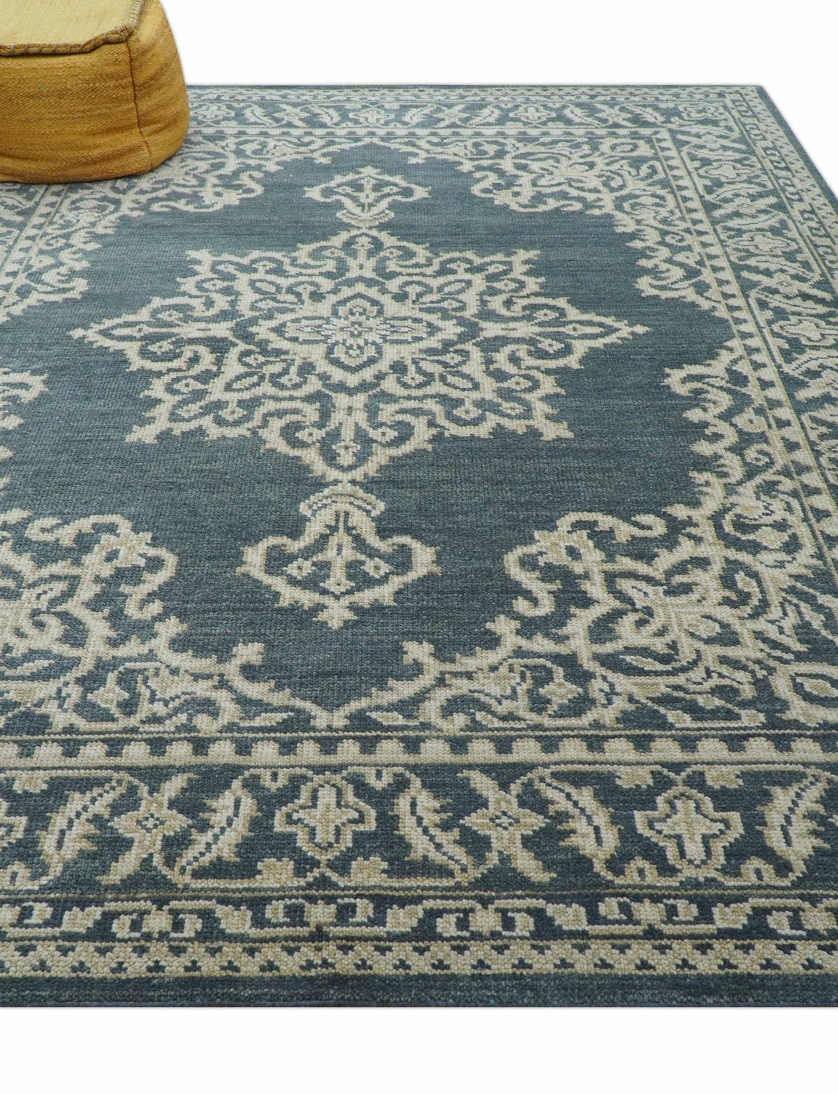 Idris Custom Made Turkish Design Gray And Ivory Hand Knotted Wool Rug.