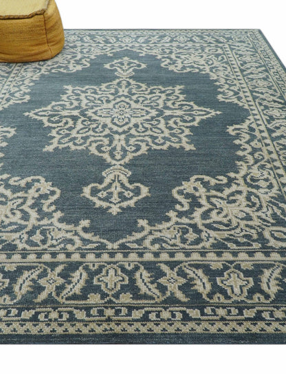 Idris Custom Made Turkish Design Gray And Ivory Hand Knotted Wool Rug.