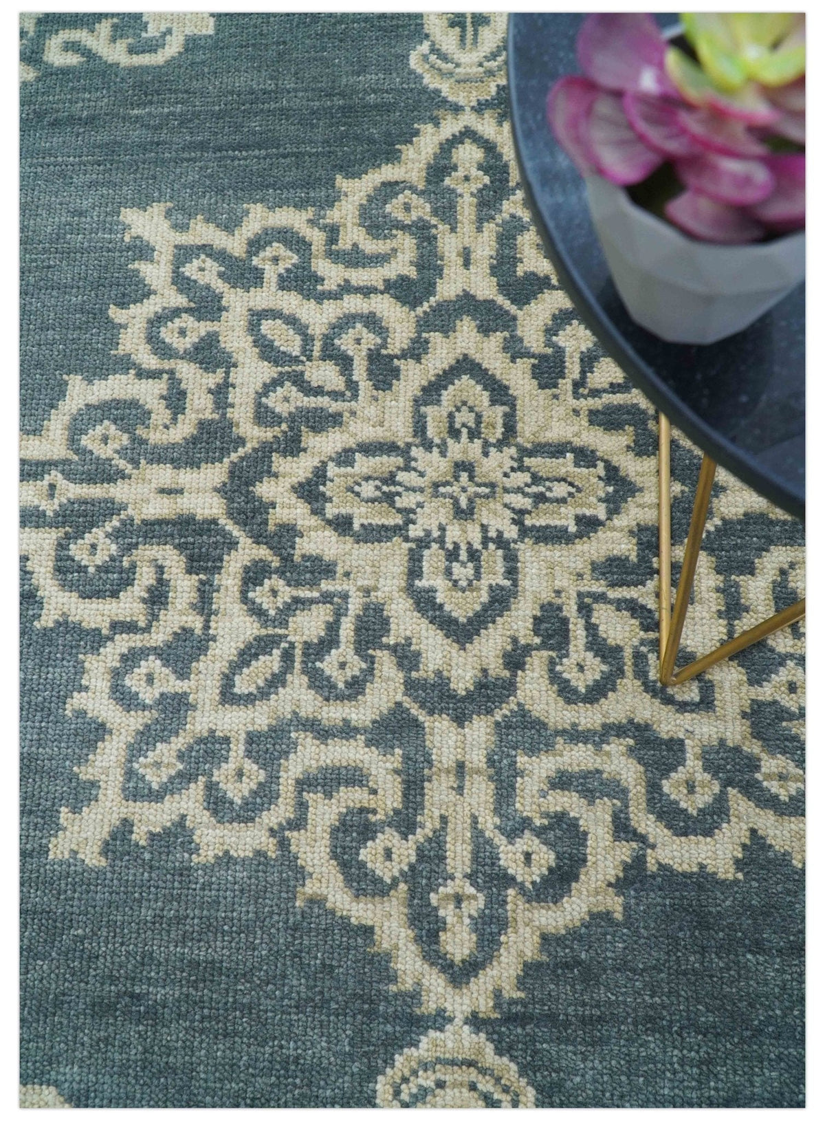 Idris Custom Made Turkish Design Gray And Ivory Hand Knotted Wool Rug.
