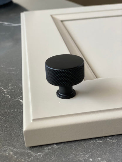 Knurled Round Knob "Texture" Cabinet Knob in Matte Black.