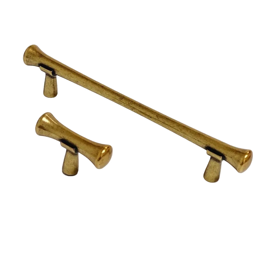 Hourglass "Tuscany" Drawer Pulls and Knobs in Antique Brass.
