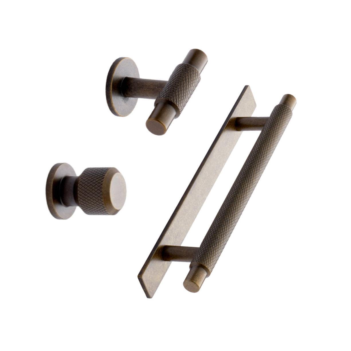 Knurled Backplate Antique Bronze "Manor" Knobs and Drawer Pulls