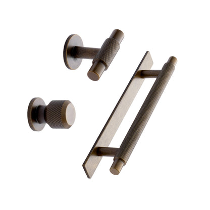Knurled Backplate Antique Bronze "Manor" Knobs and Drawer Pulls