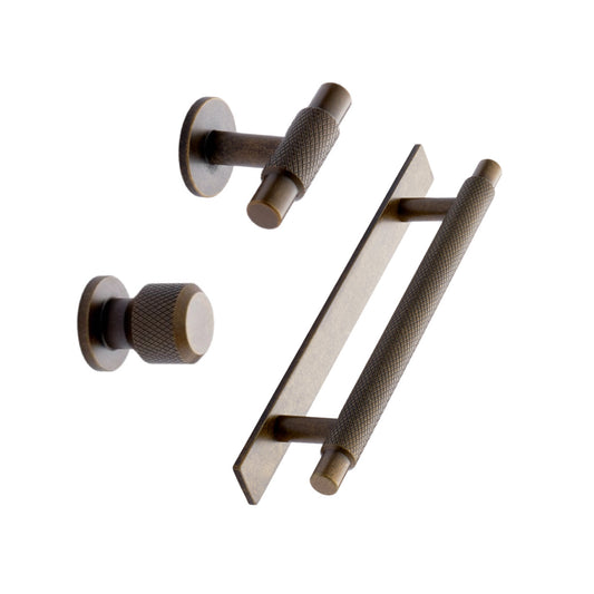 Knurled Backplate Antique Bronze "Manor" Knobs and Drawer Pulls