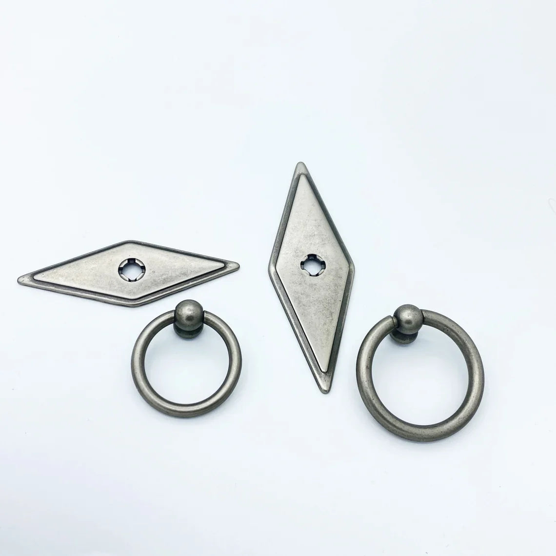Rhombus "Ella" Antique Silver Ring Drawer Pulls with Backplate.