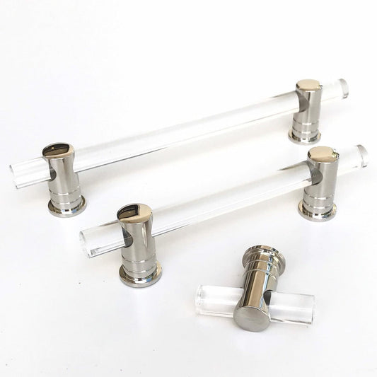 Polished Nickel and Lucite "Luz" Cabinet Knobs and Drawer Pulls