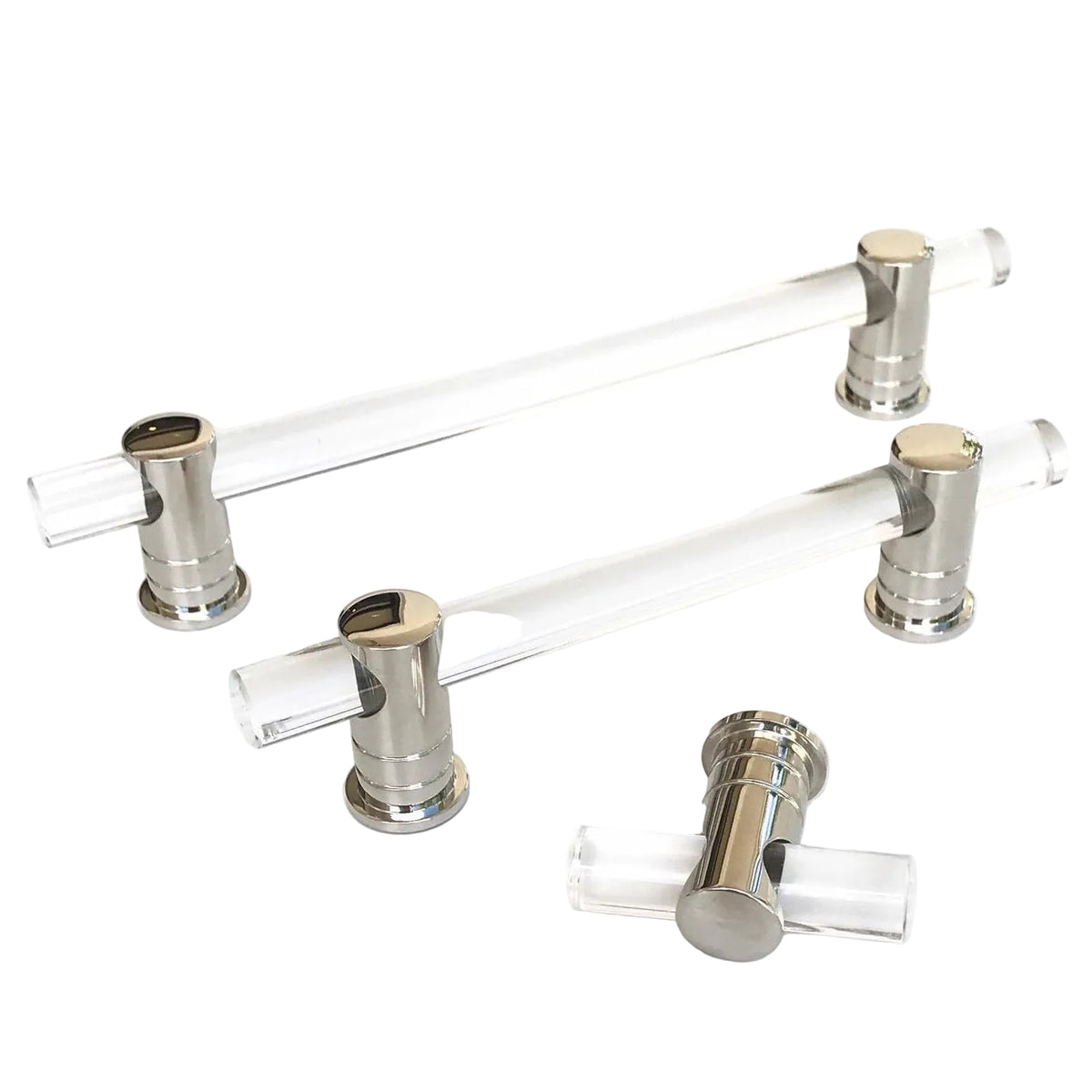 Polished Nickel and Lucite "Luz" Cabinet Knobs and Drawer Pulls.