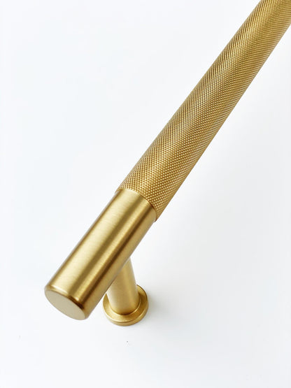 Brass Solid "Texture No.2" Knurled Drawer Pulls and Knobs in Satin Brass.