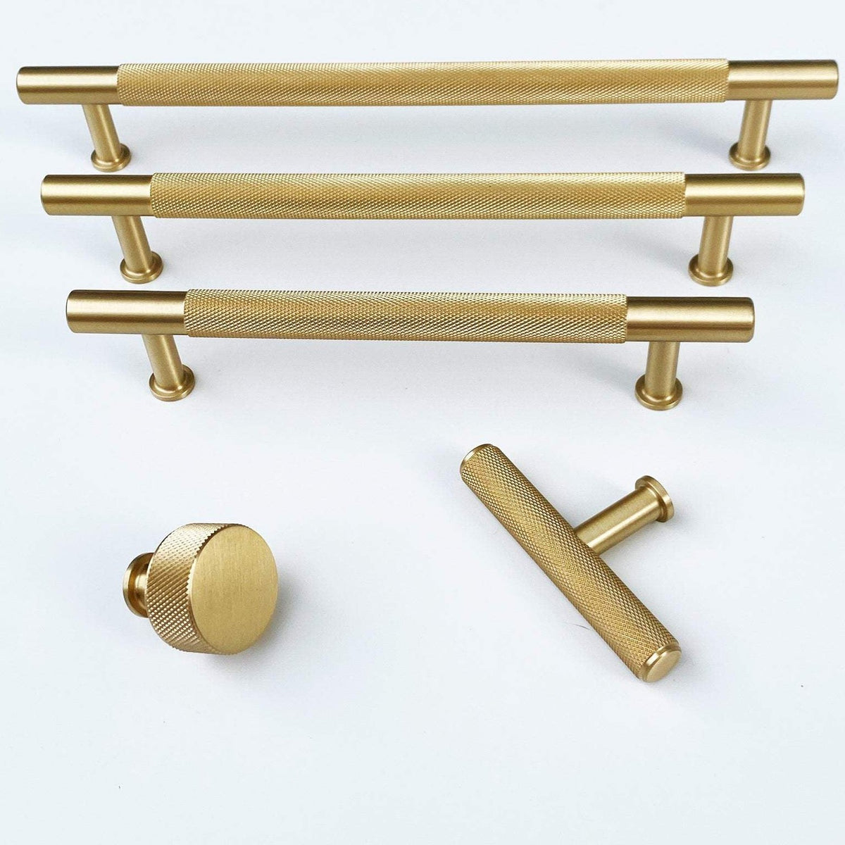 Brass Solid "Texture No.2" Knurled Drawer Pulls and Knobs in Satin Brass.