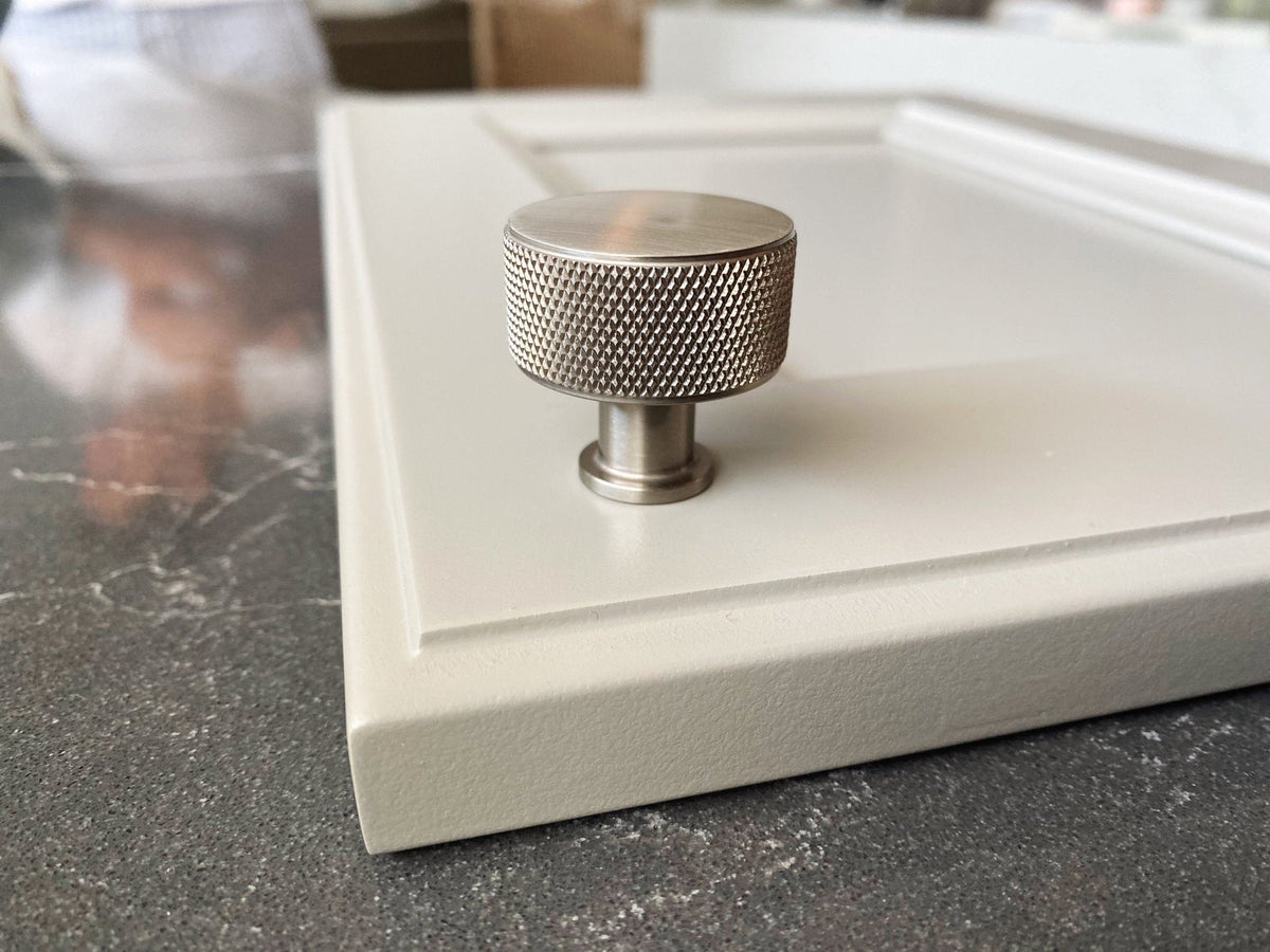 Knurled Round Knob "Texture" Cabinet Knob in Brushed Nickel.