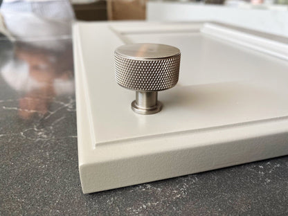 Knurled Round Knob "Texture" Cabinet Knob in Brushed Nickel.