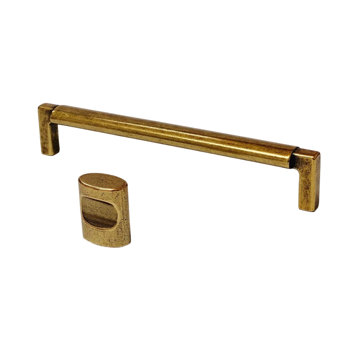 U-Shaped "Florence" Cabinet Knob and Drawer Pulls in Antique Brass.