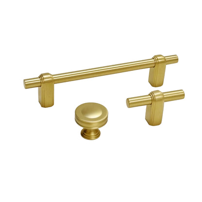 Satin Brass "Elliott" Drawer Pulls and Cabinet Knobs.