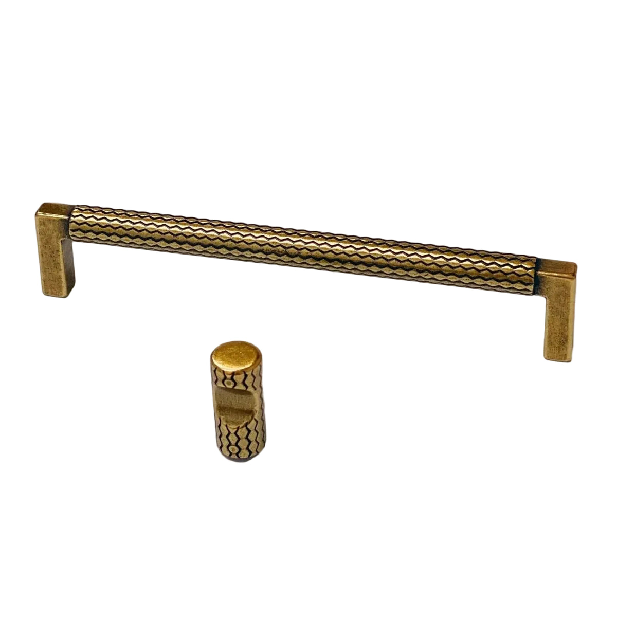 U-Shaped Antique Brass "Venice" Cabinet Knob and Drawer Pulls.