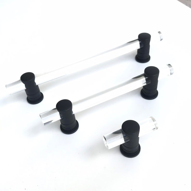 Matte Black and Lucite "Luz" Cabinet Knobs and Drawer Pulls (Adjustable).