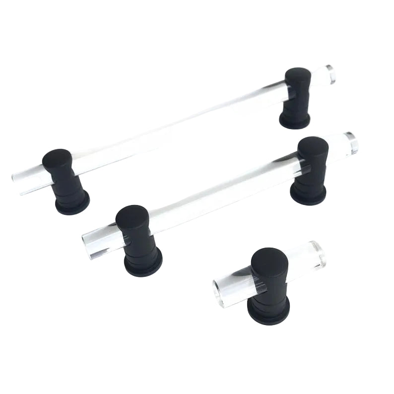 Matte Black and Lucite "Luz" Cabinet Knobs and Drawer Pulls (Adjustable).