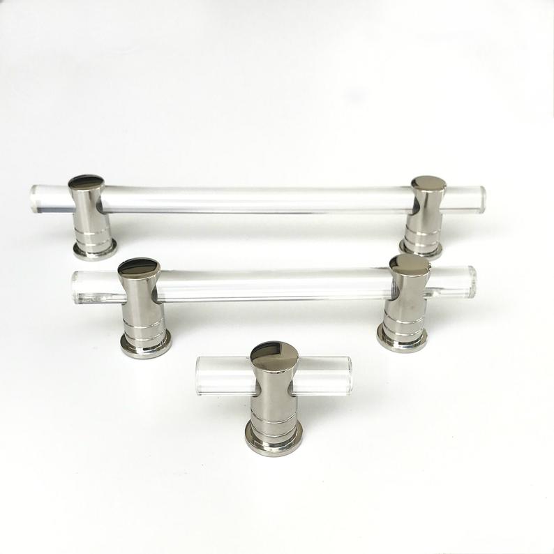 Polished Nickel and Lucite "Luz" Cabinet Knobs and Drawer Pulls.