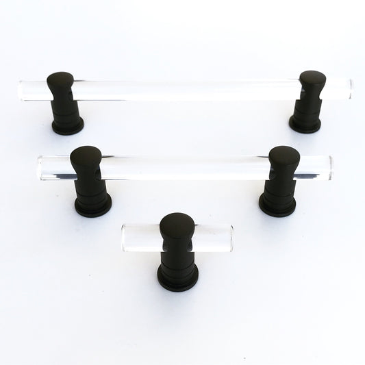 Matte Black and Lucite "Luz" Cabinet Knobs and Drawer Pulls (Adjustable).