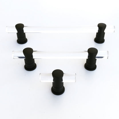 Matte Black and Lucite "Luz" Cabinet Knobs and Drawer Pulls (Adjustable).