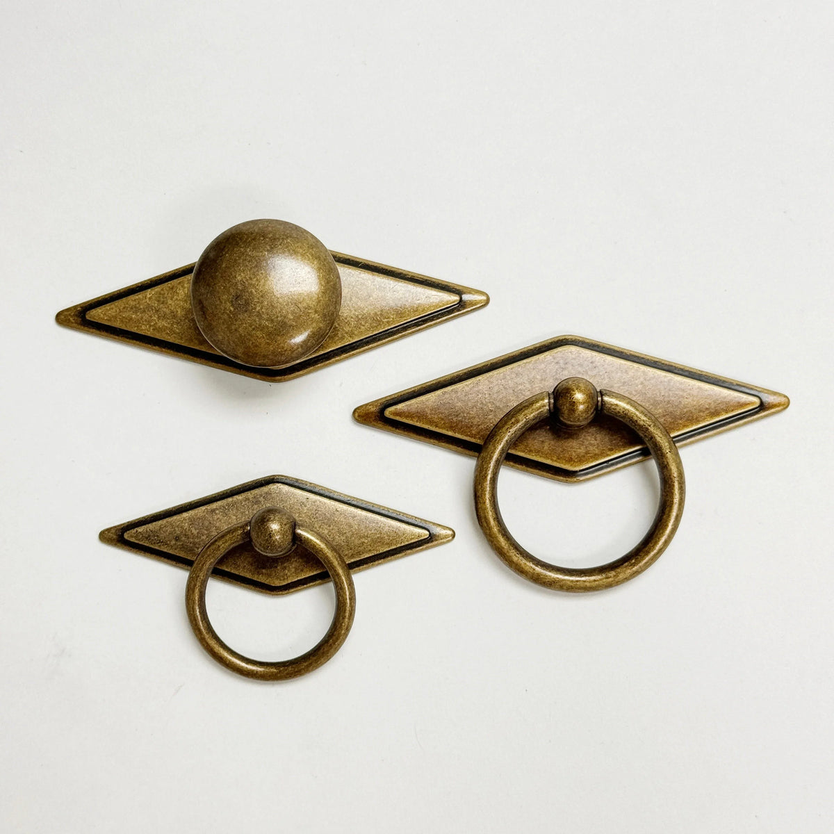Rhombus "Ella" Antique Bronze Ring Drawer Pulls with Backplate.