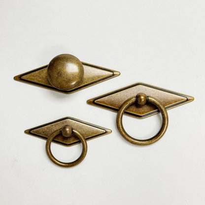 Rhombus "Ella" Antique Bronze Ring Drawer Pulls with Backplate.