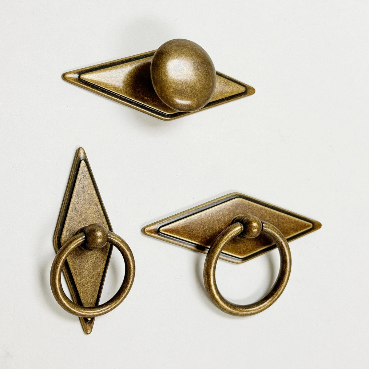 Rhombus "Ella" Antique Bronze Ring Drawer Pulls with Backplate.