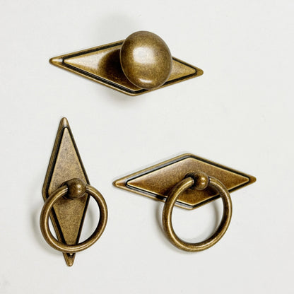 Rhombus "Ella" Antique Bronze Ring Drawer Pulls with Backplate.