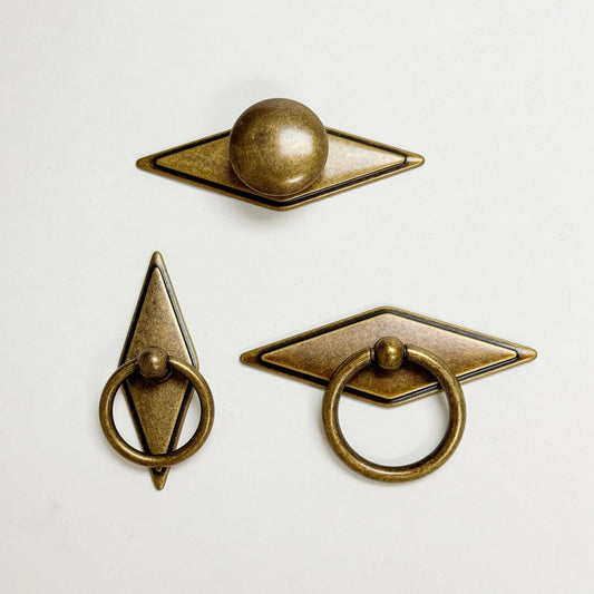 Rhombus "Ella" Antique Bronze Ring Drawer Pulls with Backplate
