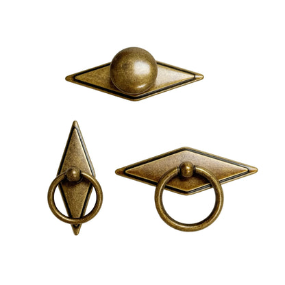 Rhombus "Ella" Antique Bronze Ring Drawer Pulls with Backplate.