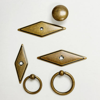 Rhombus "Ella" Antique Bronze Ring Drawer Pulls with Backplate.