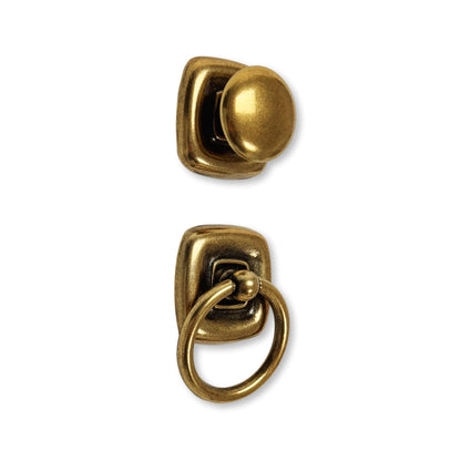 Ring Pull and Knob "Luca" Cabinet Pulls with Backplate in Antique Brass.