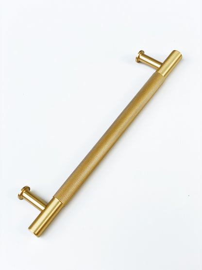 Brass Solid "Texture No.2" Knurled Drawer Pulls and Knobs in Satin Brass.