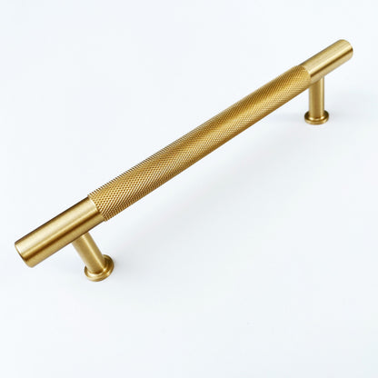 Brass Solid "Texture No.2" Knurled Drawer Pulls and Knobs in Satin Brass.
