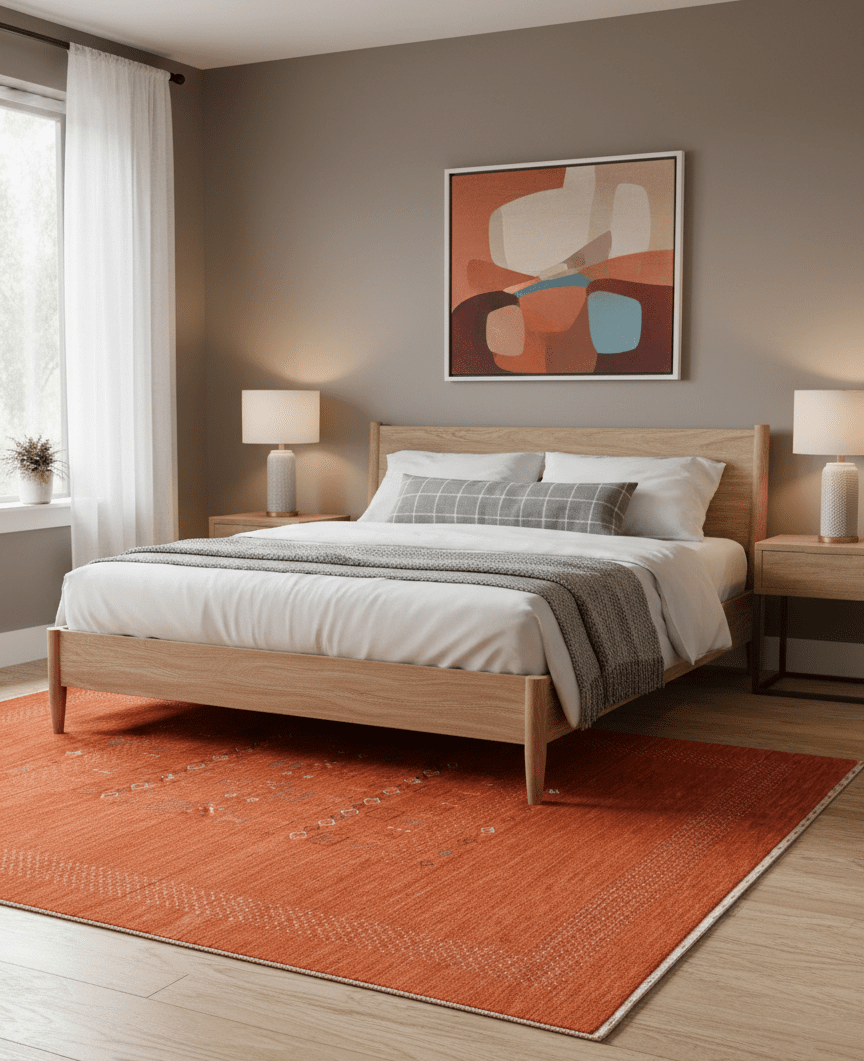 In Stock Orange Contemporary Center Pattern Hand Loomed Wool Rug