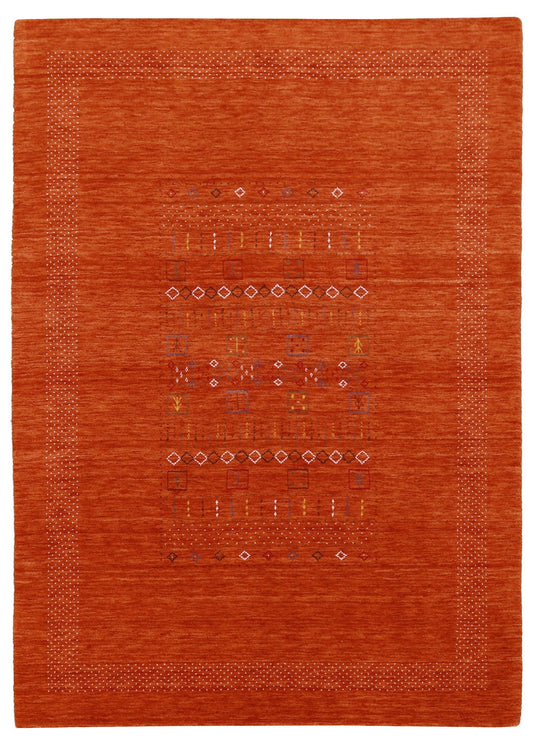 Orange Contemporary Center Pattern Hand Loomed Wool Rug.
