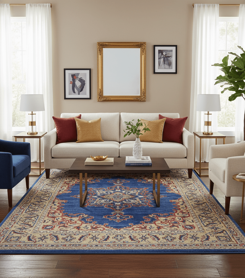 Isfahan Custom Made Traditional Blue And Beige Hand Knotted Wool Rug.