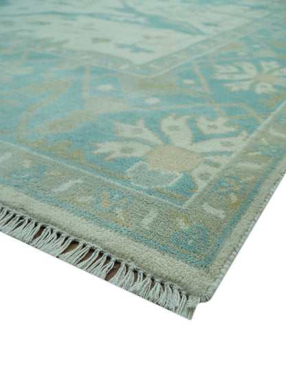 Ivory and Aqua Hand Knotted Oriental Oushak Custom Made Wool Rug.