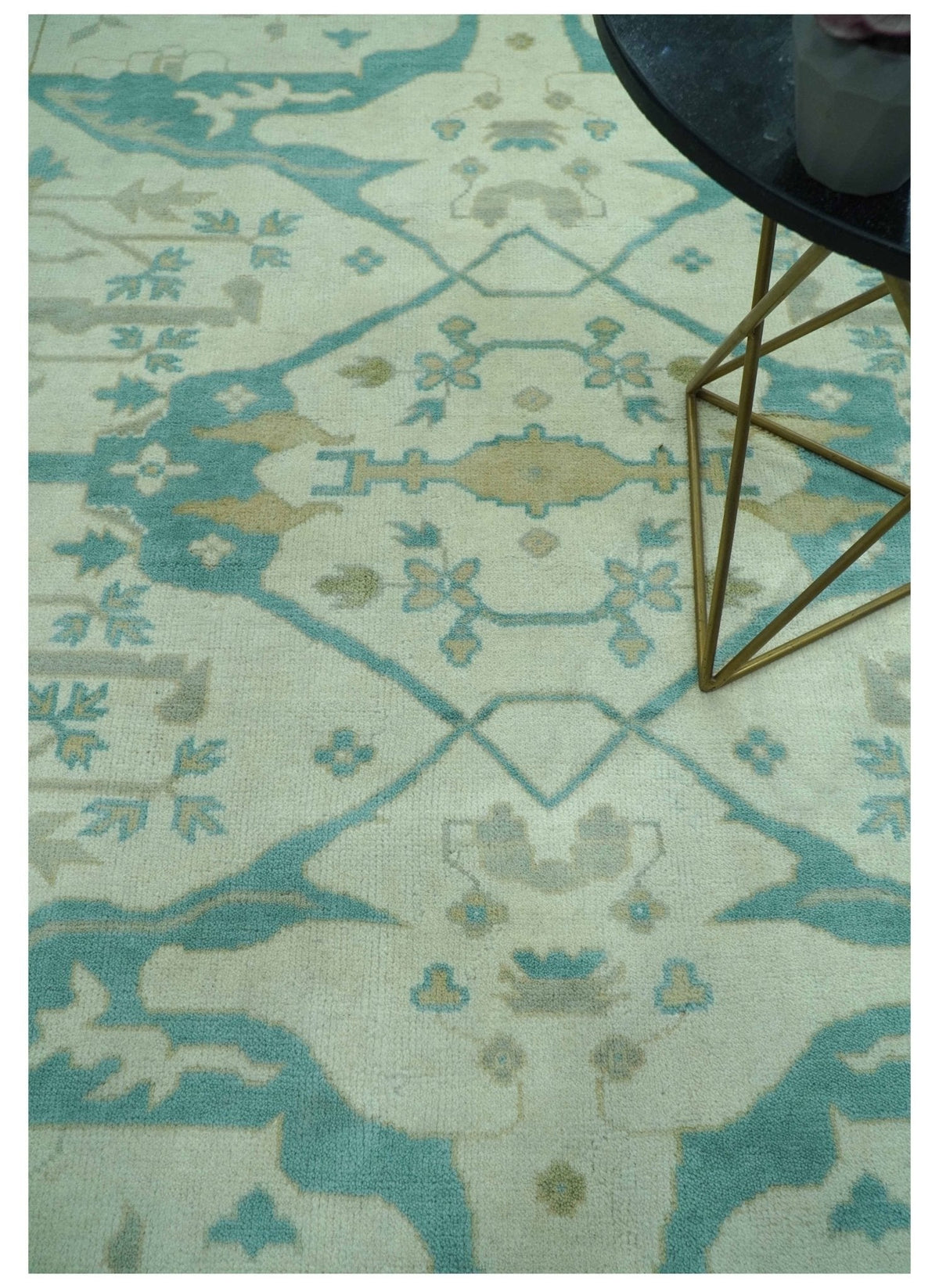 Ivory and Aqua Hand Knotted Oriental Oushak Custom Made Wool Rug.