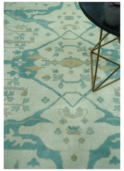 Ivory and Aqua Hand Knotted Oriental Oushak Custom Made Wool Rug.