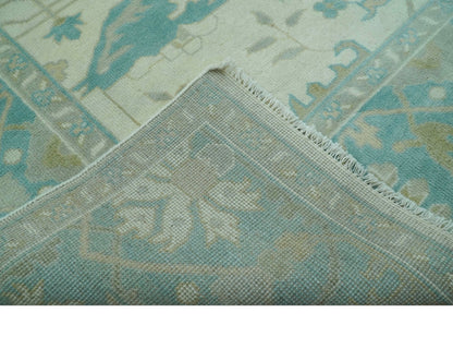 Ivory and Aqua Hand Knotted Oriental Oushak Custom Made Wool Rug.