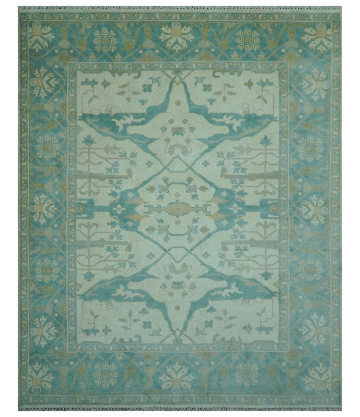 Ivory and Aqua Hand Knotted Oriental Oushak Custom Made Wool Rug.