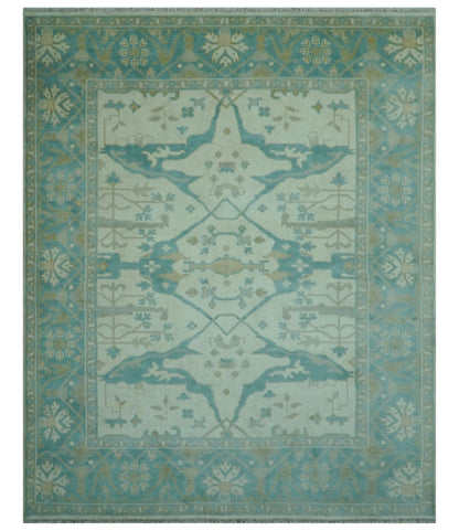 Ivory and Aqua Hand Knotted Oriental Oushak Custom Made Wool Rug.