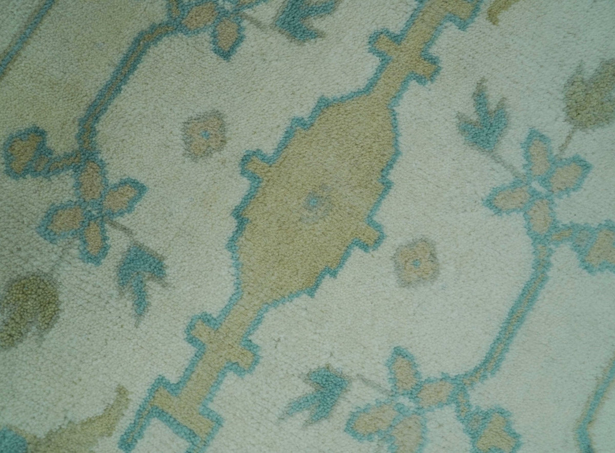 Ivory and Aqua Hand Knotted Oriental Oushak Custom Made Wool Rug.
